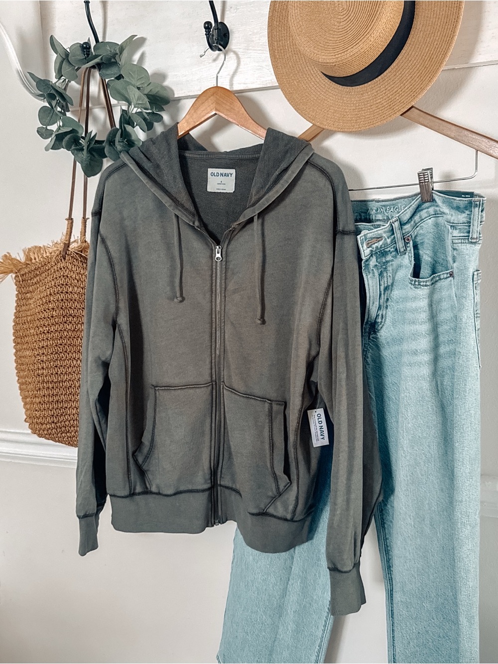 Old Navy Olive Zip-Up Hoodie with Drawstring Hood